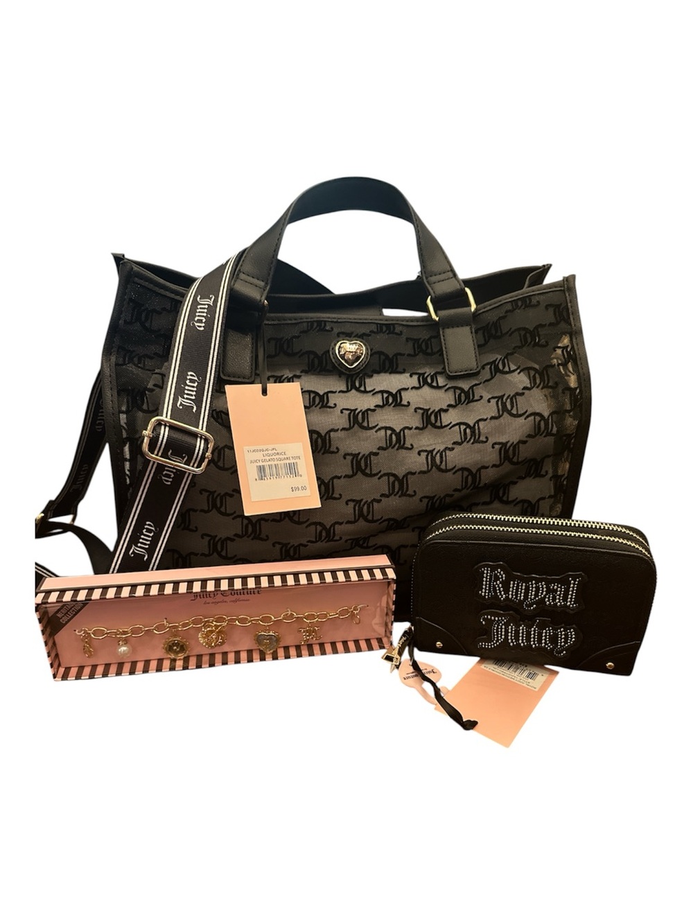 Juicy Couture Black Logo Tote with Matching Wallet & Charm Bracelet
